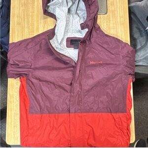 Kids Marmot Hooded Windbreaker in Maroon and Burgundy